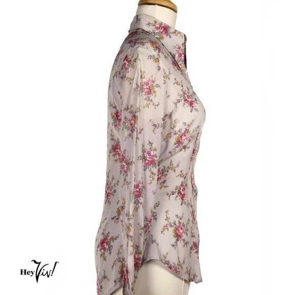 Vintage 70s Fitted Long Sleeve Semi Sheer Blue Pink Floral Blouse Sz S - Hey Viv - Picture 3 of 6